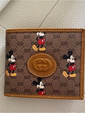 Gucci Brown Monogram Mickey yMouse Canvas Bi-Fold Wallet unisex